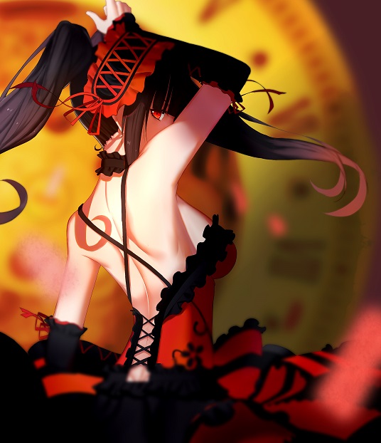 backless_dress backless_outfit bare_shoulders black_hair bonnet breasts date_a_live dcoagt detached_sleeves dress hairband lolita_hairband long_hair looking_at_viewer medium_breasts red_eyes sideboob sleeveless solo tokisaki_kurumi twintails upper_body