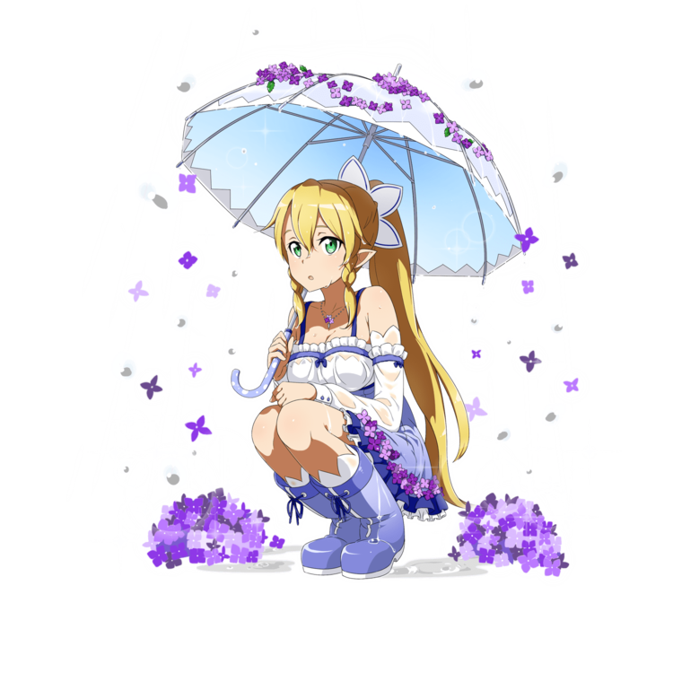 blonde_hair blue_footwear blue_skirt blue_umbrella boots braid breasts cleavage collarbone detached_sleeves flower full_body green_eyes hair_between_eyes hair_ornament high-waist_skirt holding holding_umbrella jewelry large_breasts leafa long_hair necklace official_art open_mouth ponytail purple_flower rubber_boots shirt skirt sleeveless solo squatting sword_art_online sword_art_online:_code_register transparent_background twin_braids umbrella very_long_hair wet wet_clothes wet_shirt white_shirt