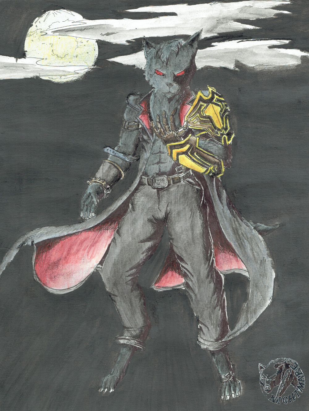 2017 anthro armor black_fur canine claws clothed clothing colored dark demon dire_wolf fantasy fur goth invalid_color invalid_tag mammal monster night nyghtmar3 solo traditional_media_(artwork) watercolor_(artwork) wolf