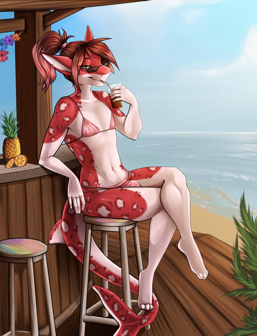 5_fingers anthro bikini brown_eyes brown_hair bulge clothed clothing crossdressing detailed_background eyewear fin fish glasses hair looing_at_viewer male marine navel robyn_paperdoll shark smile solo swimsuit