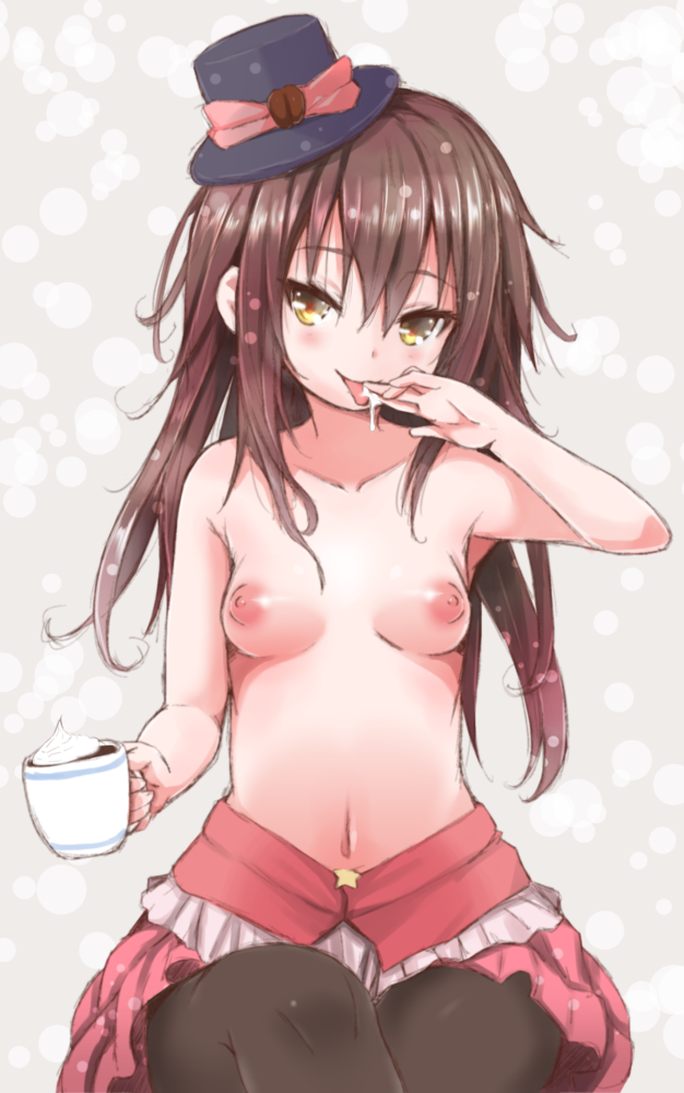 bangs black_legwear borrowed_character bow breasts brown_hair cafe-chan_to_break_time cafe_(cafe-chan_to_break_time) coffee coffee_mug cream cup hat hat_bow holding holding_cup long_hair looking_at_viewer medium_breasts mini_hat mug navel naz nipples pantyhose pink_bow pink_skirt shiny shiny_hair sitting skirt smile solo star suggestive_fluid tongue tongue_out topless yellow_eyes
