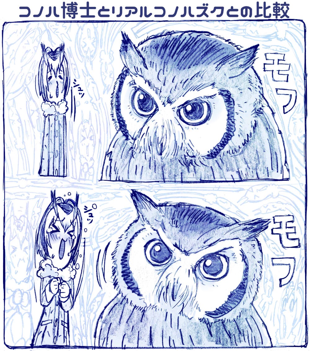 &gt;_&lt; animal bird blue blush closed_eyes coat comic commentary_request eyebrows_visible_through_hair fur_collar fur_trim head_wings kemono_friends long_sleeves monochrome multicolored_hair northern_white-faced_owl_(kemono_friends) open_mouth owl realistic sakino_shingetsu short_hair tears translated
