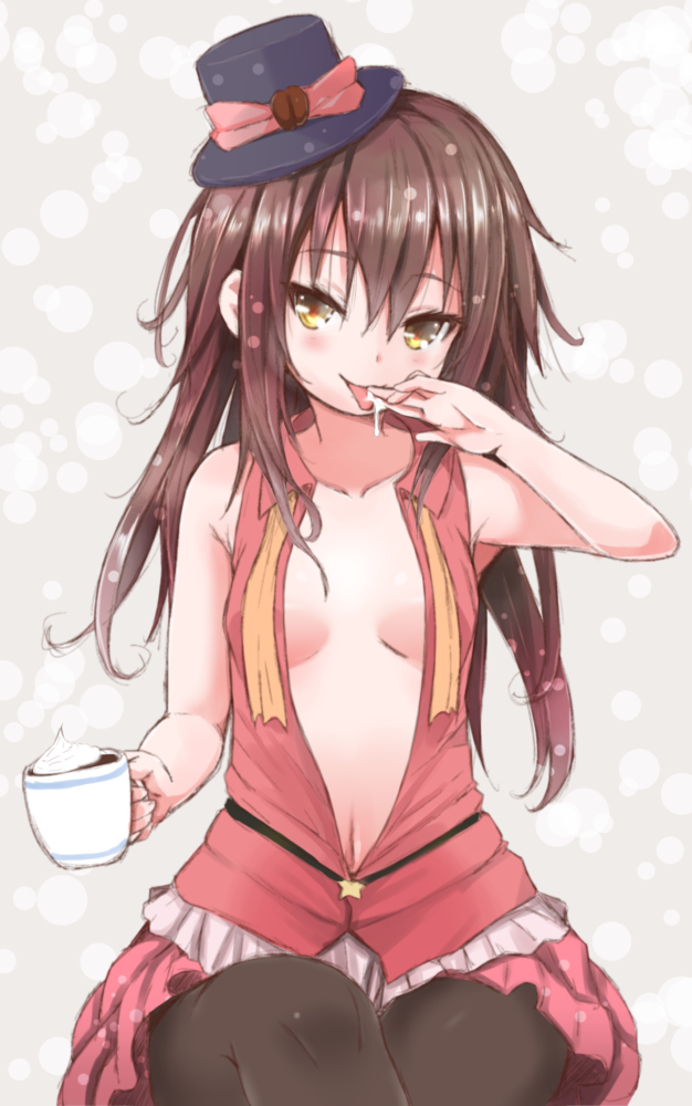 bangs black_legwear borrowed_character bow breasts brown_hair cafe-chan_to_break_time cafe_(cafe-chan_to_break_time) coffee coffee_mug cream cup hat hat_bow holding holding_cup long_hair looking_at_viewer medium_breasts mini_hat mug navel naz no_bra open_clothes open_shirt pantyhose pink_bow pink_skirt shiny shiny_hair shirt sitting skirt sleeveless sleeveless_shirt smile solo star suggestive_fluid tongue tongue_out yellow_eyes