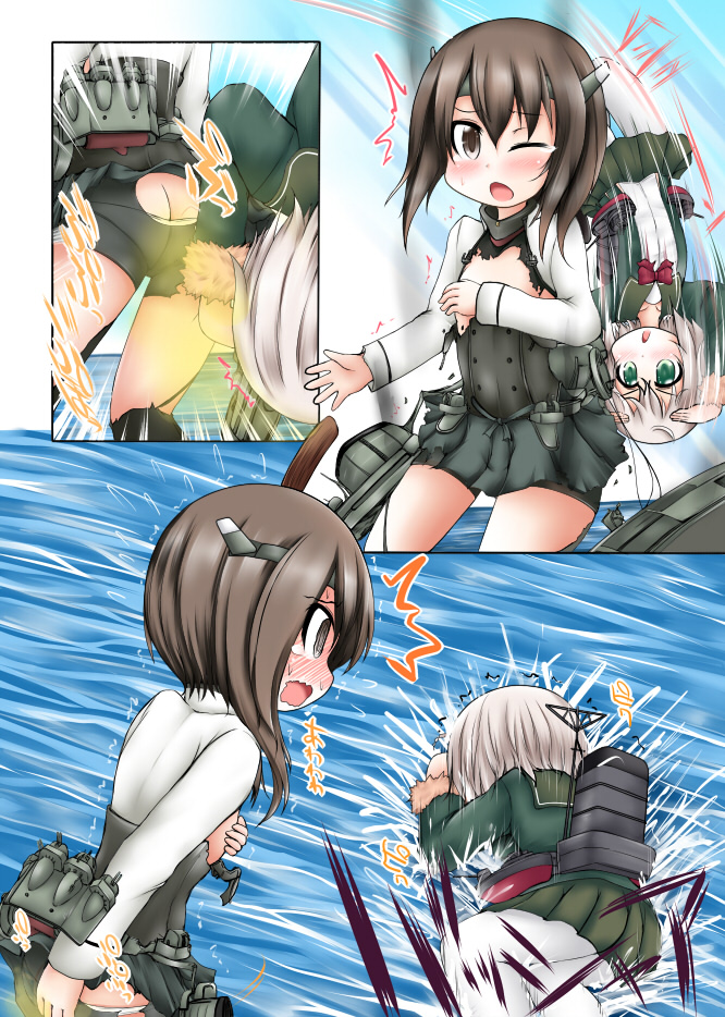 2girls ass bike_shorts blush bow bowtie brown_eyes brown_hair butt_crack check_translation comic commentary covering covering_ass covering_breasts dragon_ball dragon_ball_z fart green_eyes headgear kantai_collection machinery multiple_girls ocean one_eye_closed ouno_(nounai_disintegration) panties parody pleated_skirt school_uniform serafuku shimushu_(kantai_collection) shimushu_pose short_hair silver_hair skirt smell smelling splashing taihou_(kantai_collection) tearing_up tears torn_clothes translation_request trembling turret underwear white_legwear white_panties yamcha_pose