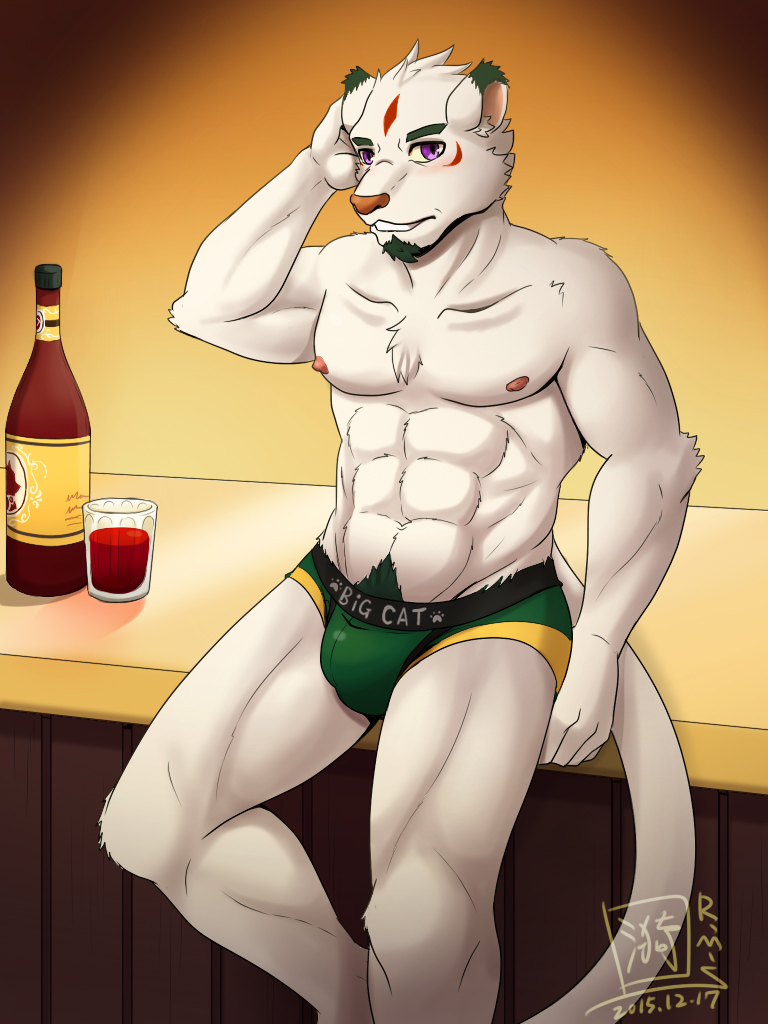 2015 abs alcohol anthro beverage blush bottle bulge clothed clothing feline fur glass looking_at_viewer male mammal nipples pink_nose purple_eyes ripples_moon_shadow sitting solo topless underwear white_fur wine