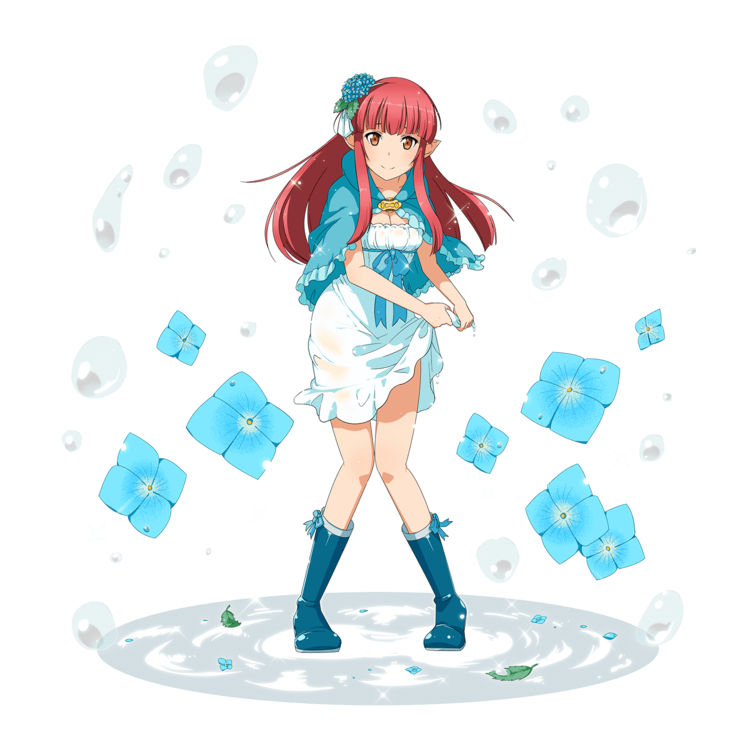 blue_flower blue_footwear boots breasts capelet cleavage dress floating_hair flower full_body hair_flower hair_ornament long_hair looking_at_viewer medium_breasts official_art pointy_ears rain_(sao) red_eyes red_hair rubber_boots short_dress smile solo standing sword_art_online sword_art_online:_code_register transparent_background very_long_hair wet wet_clothes wet_dress white_dress