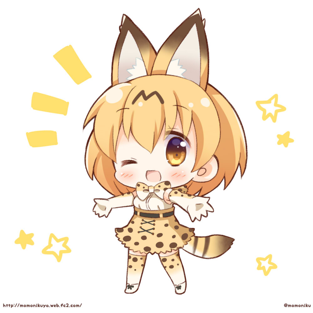 ;d animal_ears armpits chibi commentary_request copyright_name elbow_gloves extra_ears gloves kemono_friends looking_at_viewer momoniku_(taretare-13) one_eye_closed open_mouth outstretched_arms serval_(kemono_friends) serval_ears serval_print serval_tail short_hair smile solo spread_arms tail thighhighs twitter_username zettai_ryouiki