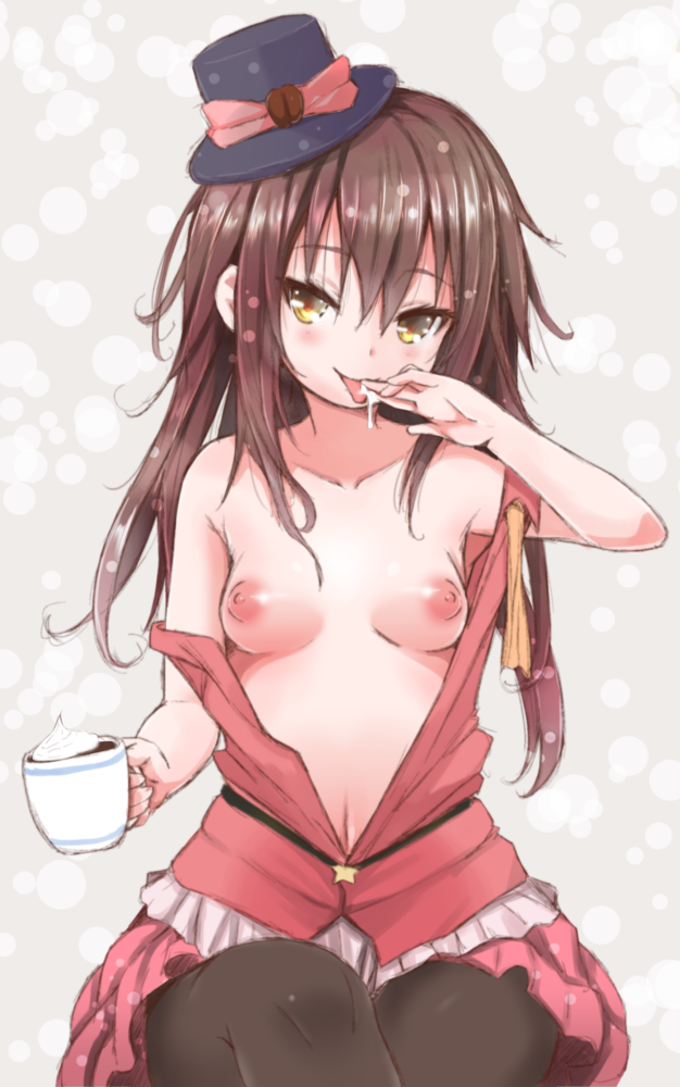 bangs black_legwear borrowed_character bow breasts brown_hair cafe-chan_to_break_time cafe_(cafe-chan_to_break_time) coffee coffee_mug cream cup hat hat_bow holding holding_cup long_hair looking_at_viewer medium_breasts mini_hat mug navel naz nipples no_bra pantyhose pink_bow pink_skirt shiny shiny_hair sitting skirt smile solo star suggestive_fluid tongue tongue_out yellow_eyes