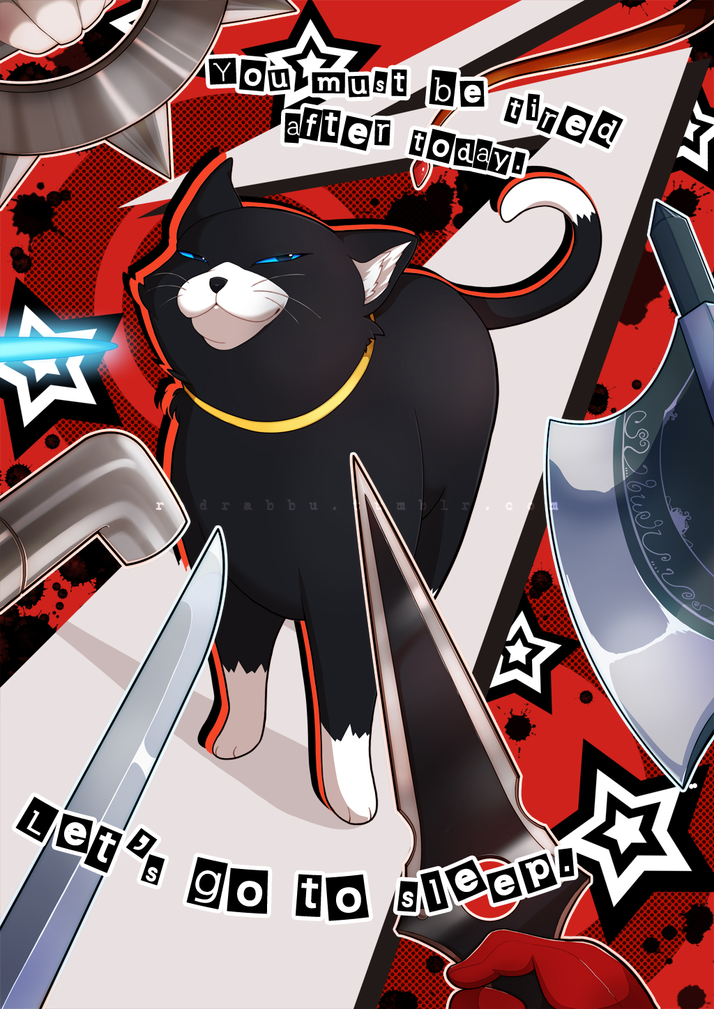 animal axe black_cat blood blood_splatter blue_eyes brass_knuckles cat cat_focus collar commentary dagger english english_commentary gameplay_mechanics gloves half-closed_eyes highres holding holding_weapon knife knife_cat_(meme) lead_pipe meme morgana_(persona_5) outline parody persona persona_5 photo-referenced pointing_weapon red_background red_gloves redrabbu smug solo_focus spiked_knuckles star sword threat troll_face tumblr_username watermark weapon whip whiskers