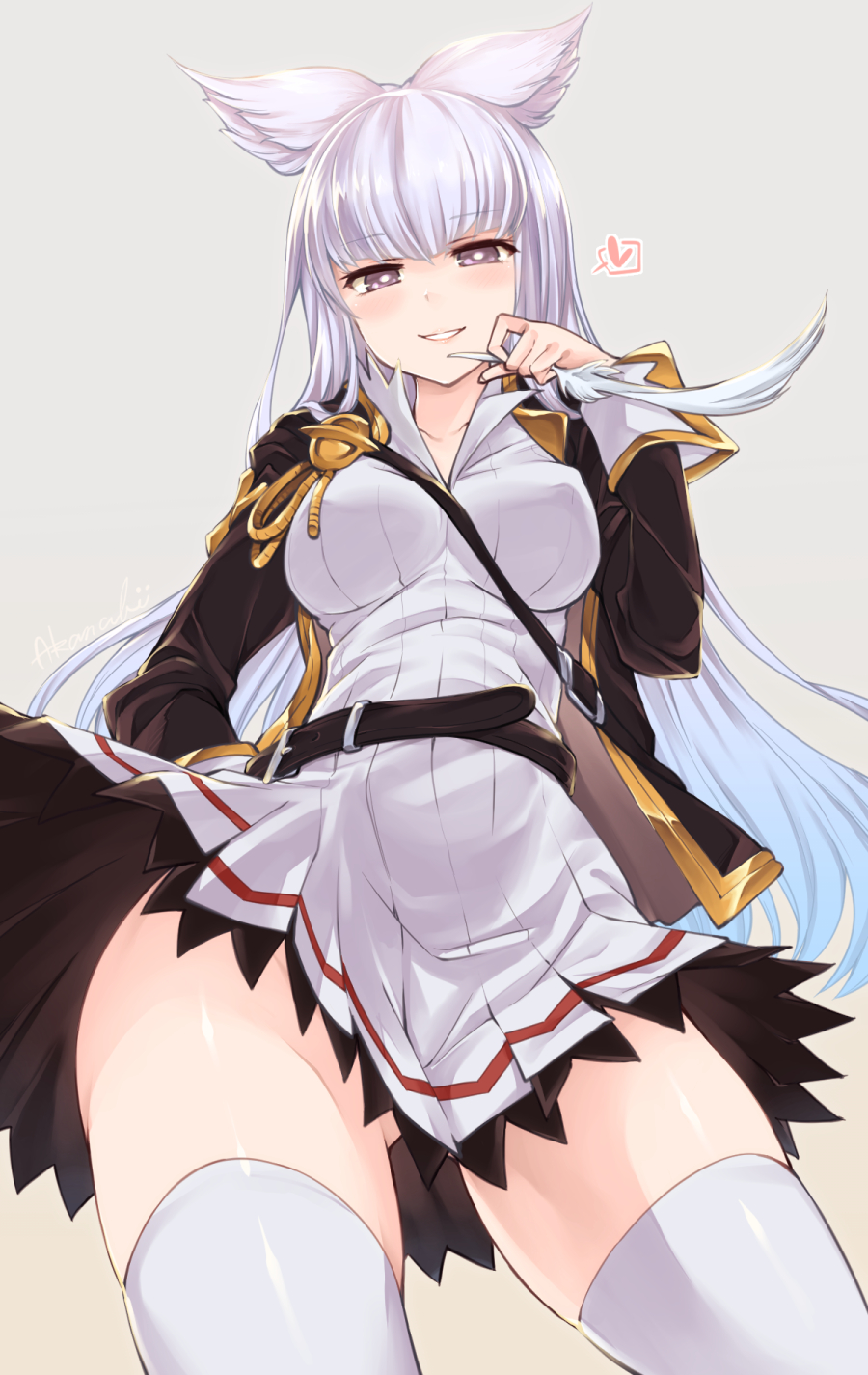 akanagi_youto animal_ears ass_visible_through_thighs bangs belt blunt_bangs blush breasts brown_eyes erune feathers from_below granblue_fantasy heart highres jacket korwa large_breasts long_hair looking_at_viewer open_clothes open_jacket quill silver_hair simple_background skirt smile solo spoken_heart thighhighs white_legwear zettai_ryouiki