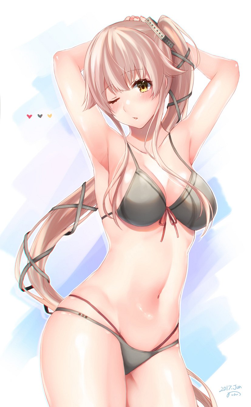 alternate_costume armpits arms_behind_head bare_shoulders bikini black_bikini blue_background blush breasts cleavage collarbone dated eyebrows_visible_through_hair green_eyes groin hair_between_eyes hair_flaps hair_ornament halterneck highres kantai_collection large_breasts long_hair looking_at_viewer navel one_eye_closed pink_hair ponytail pose remodel_(kantai_collection) sakiryo_kanna shiny shiny_skin side_ponytail sideboob solo swimsuit twitter_username very_long_hair yellow_eyes yura_(kantai_collection)