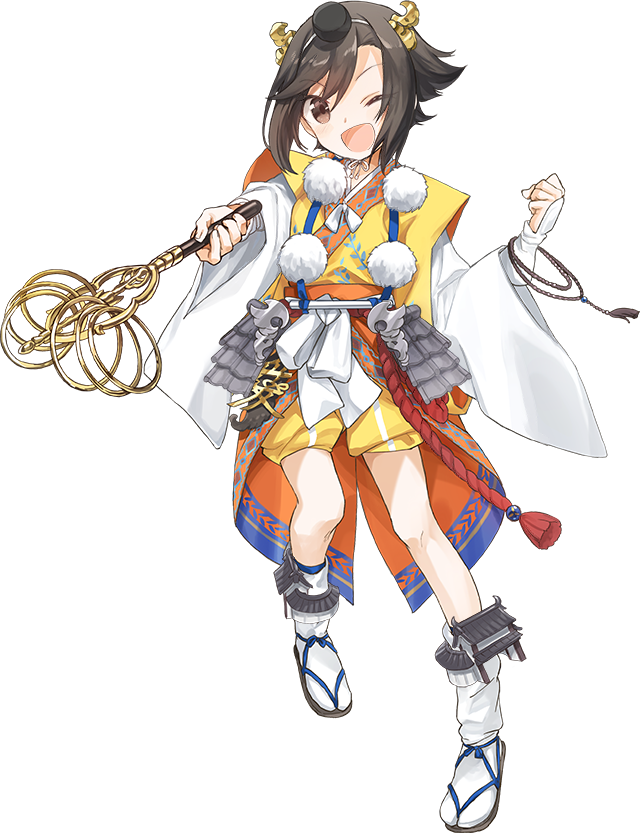 ;d brown_eyes brown_hair daihouji_(oshiro_project) full_body hair_ornament hat japanese_clothes kazune_(baumkuchen) looking_at_viewer official_art one_eye_closed open_mouth oshiro_project oshiro_project_re shachihoko short_hair smile solo transparent_background