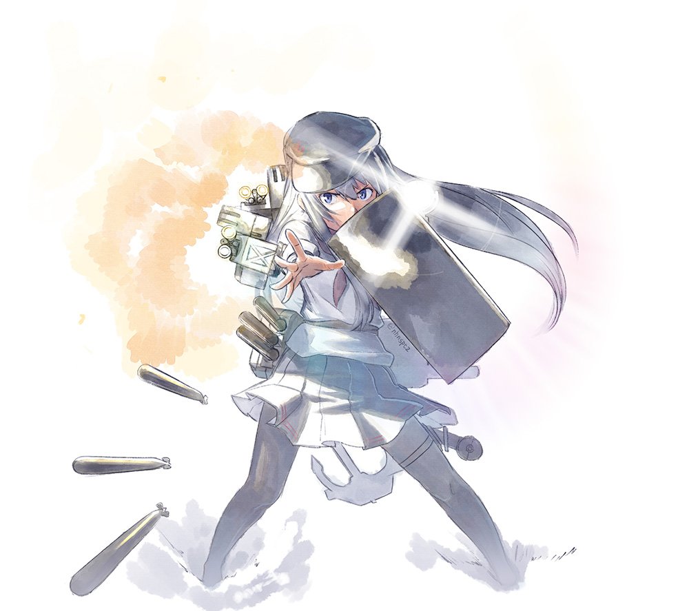 akatsuki_(kantai_collection) anchor armor black_hair commentary flat_cap gun hair_between_eyes hat kantai_collection long_hair machinery neckerchief nogiguchi_kohiro outstretched_hand pantyhose pleated_skirt purple_eyes reaching_out remodel_(kantai_collection) rigging school_uniform searchlight serafuku simple_background skirt solo splashing standing standing_on_liquid torpedo turret twitter_username water weapon white_background