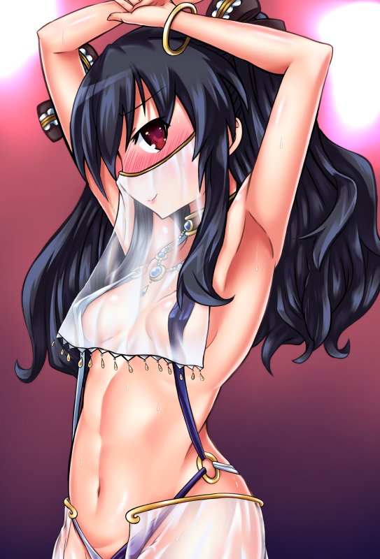 arabian_clothes armpits black_hair blush bow bracelet breasts collar dancer hair_bow harem_outfit harem_pants jewelry kurozero long_hair looking_at_viewer navel necklace neptune_(series) pants red_eyes see-through sidelocks small_breasts solo two_side_up uni_(choujigen_game_neptune) veil