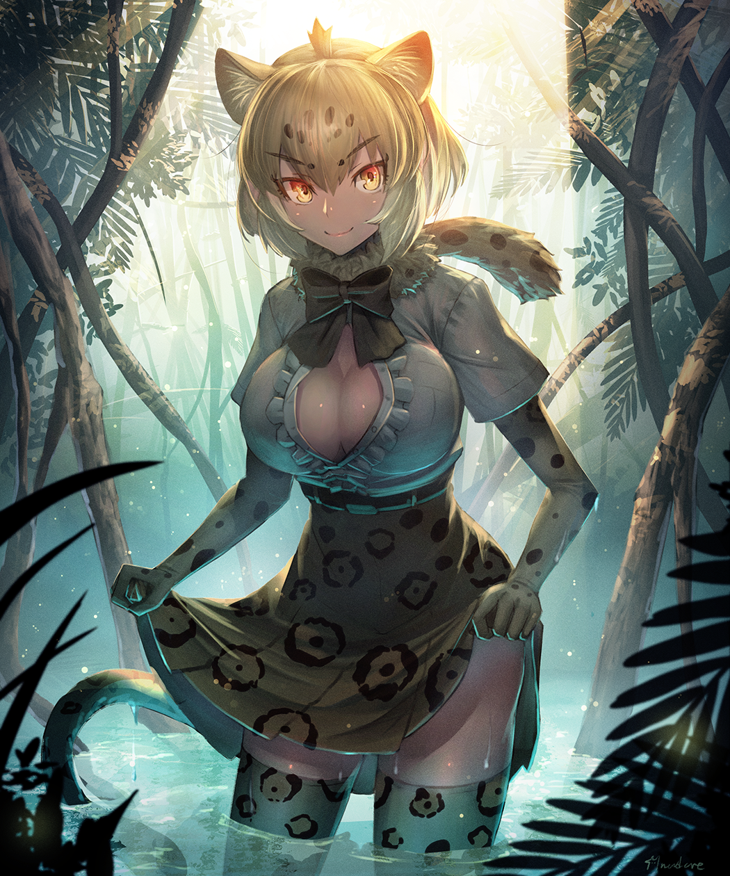 &gt;:) animal_ears blonde_hair blurry blush breasts cleavage_cutout cowboy_shot depth_of_field elbow_gloves eyebrows_visible_through_hair fur_collar gloves highres jaguar_(kemono_friends) jaguar_ears jaguar_print jaguar_tail kemono_friends large_breasts lens_flare light_rays lips looking_at_viewer multicolored_hair nadare-san_(nadare3nwm) outdoors ripples shiny shiny_skin shirt short_hair short_sleeves skirt_hold smile solo standing sunlight swamp tail unbuttoned v-shaped_eyebrows wading water white_shirt