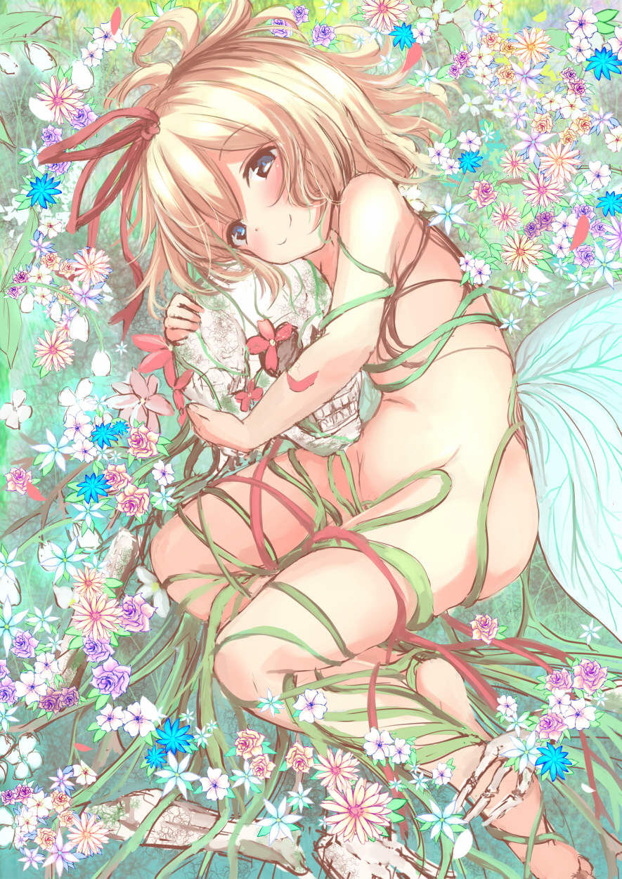blonde_hair blue_eyes commentary flower grass hair_ribbon highres looking_at_viewer lying medicine_melancholy nude object_hug on_ground on_side red_ribbon ribbon short_hair skeleton sketch skull smile solo touhou yukishiro_arute
