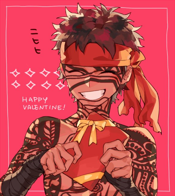 avenger chocolate closed_eyes fate/hollow_ataraxia fate_(series) full_body_tattoo grin happy_valentine headband male_focus pink_background sara_(kurome1127) short_hair simple_background smile tattoo upper_body valentine