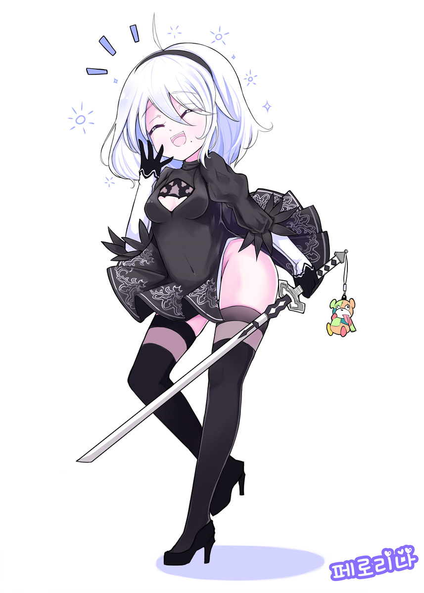 :d ^_^ back_cutout black_dress black_footwear black_hairband boots breasts cleavage_cutout closed_eyes commentary dress feather-trimmed_sleeves hairband highres holding holding_sword holding_weapon juliet_sleeves long_sleeves mole mole_under_mouth nier_(series) nier_automata no_blindfold open_mouth puffy_sleeves silver_hair skirt skirt_lift small_breasts smile solo sword thigh_boots thighhighs thighhighs_under_boots vils weapon yorha_no._2_type_b younger