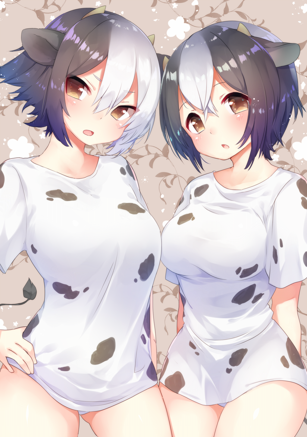 2girls animal_ears animal_print arare_mochiko ass_visible_through_thighs black_hair breasts brown_eyes contrapposto cow_ears cow_print cowboy_shot hair_between_eyes highres horns large_breasts looking_at_viewer multicolored_hair multiple_girls original panties shirt short_hair t-shirt tareme tsurime two-tone_hair underwear white_hair white_panties