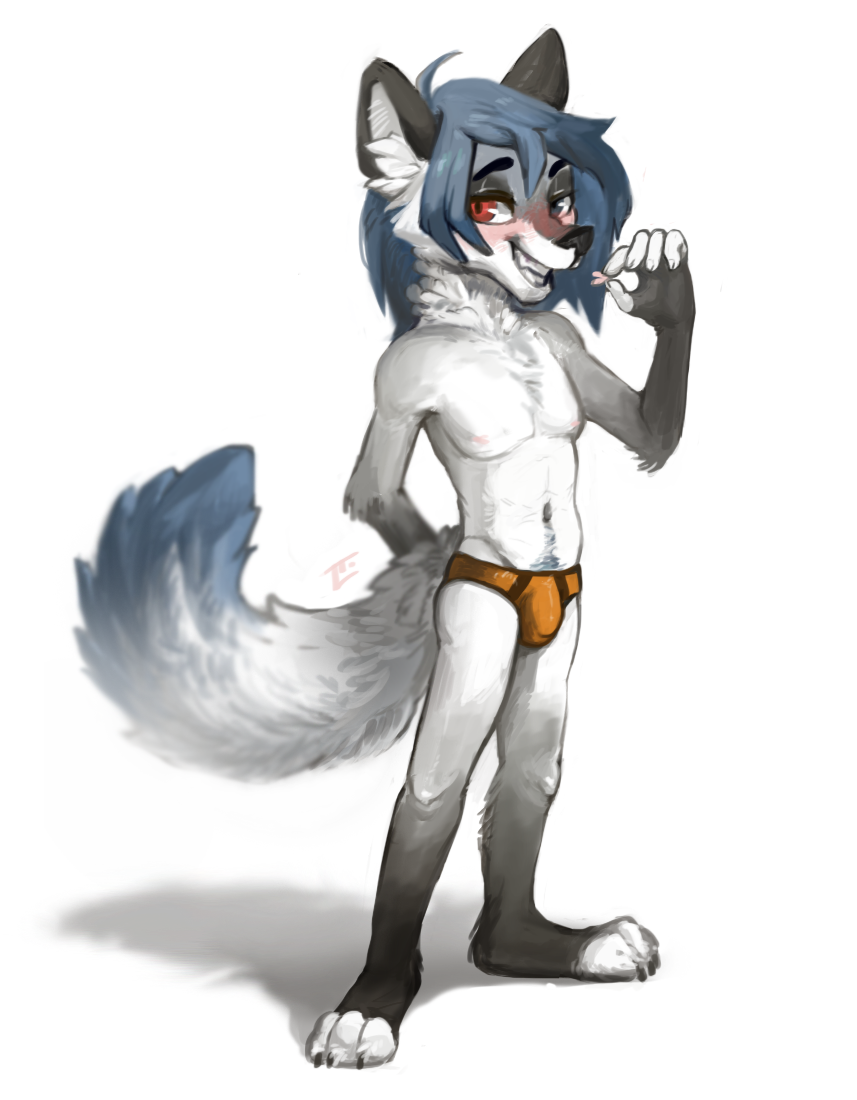 5_fingers anthro black_nose blue_hair bulge canine clothing fox hair heterochromia locksto male mammal navel simple_background smile solo standing underwear white_background
