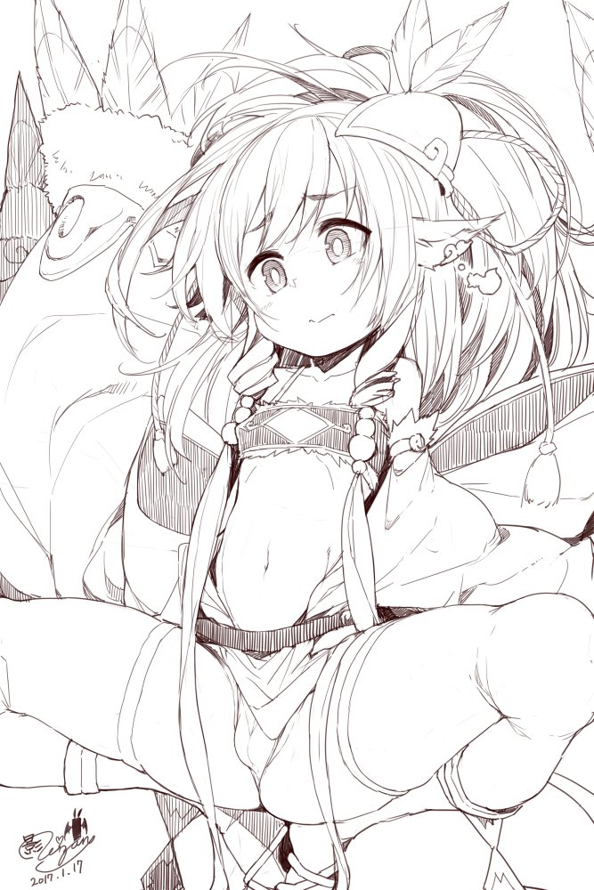 animal_ears bandeau beads bright_pupils cameltoe commentary_request dated detached_sleeves giji_eizan granblue_fantasy hair_beads hair_ornament lineart long_hair mahira_(granblue_fantasy) monochrome navel sidelocks signature solo spread_legs squatting tareme thighhighs very_long_hair