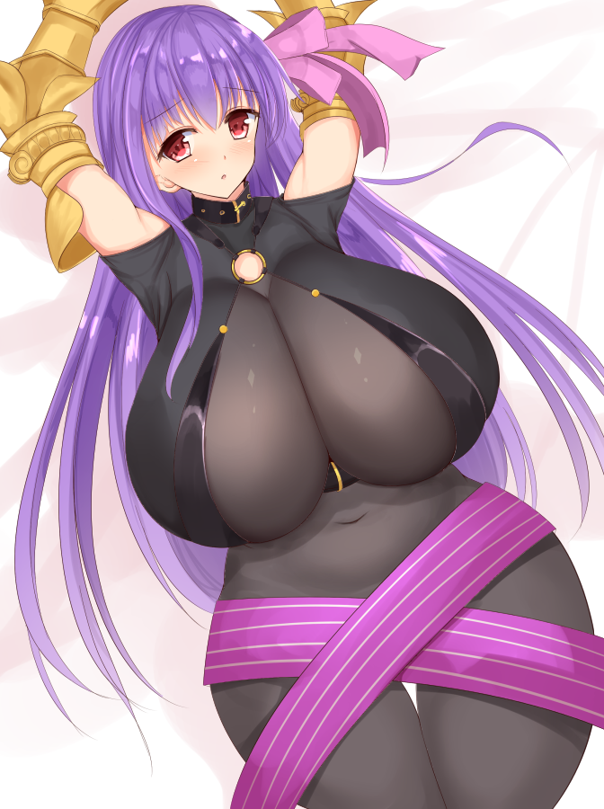 1girl arms_up bare_shoulders bed breasts collar fate/extra fate/extra_ccc fate/grand_order fate_(series) female gauntlets hair_ornament hair_ribbon huge_breasts leotard long_hair looking_at_viewer lying navel no_panties noeomi o-ring on_back pantyhose passion_lip plump purple_hair red_eyes ribbon solo weapon wide_hips
