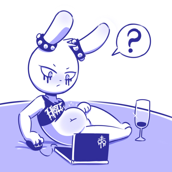 ? alcohol anthro barefoot beverage bottomless clothed clothing computer crop_top digital_media_(artwork) disfigure fan_character female flat_chested lagomorph laptop makeup mammal navel pose rabbit shirt simple_background slightly_chubby smudged_makeup solo wine wine_glass