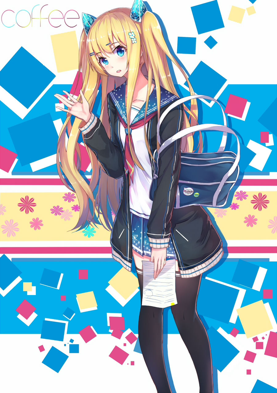 bad_id bad_pixiv_id bag black_legwear blonde_hair collarbone echj eyebrows_visible_through_hair flower hair_flower hair_ornament hairclip highres holding holding_paper long_hair looking_at_viewer neckerchief original paper parted_lips red_neckwear school_bag school_uniform solo teeth thighhighs twintails uniform