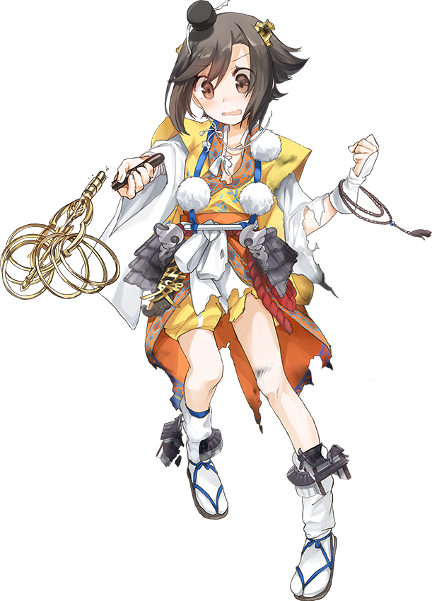 blush brown_eyes brown_hair daihouji_(oshiro_project) full_body hair_ornament hat japanese_clothes kazune_(baumkuchen) official_art open_mouth oshiro_project oshiro_project_re shachihoko short_hair smile solo torn_clothes transparent_background