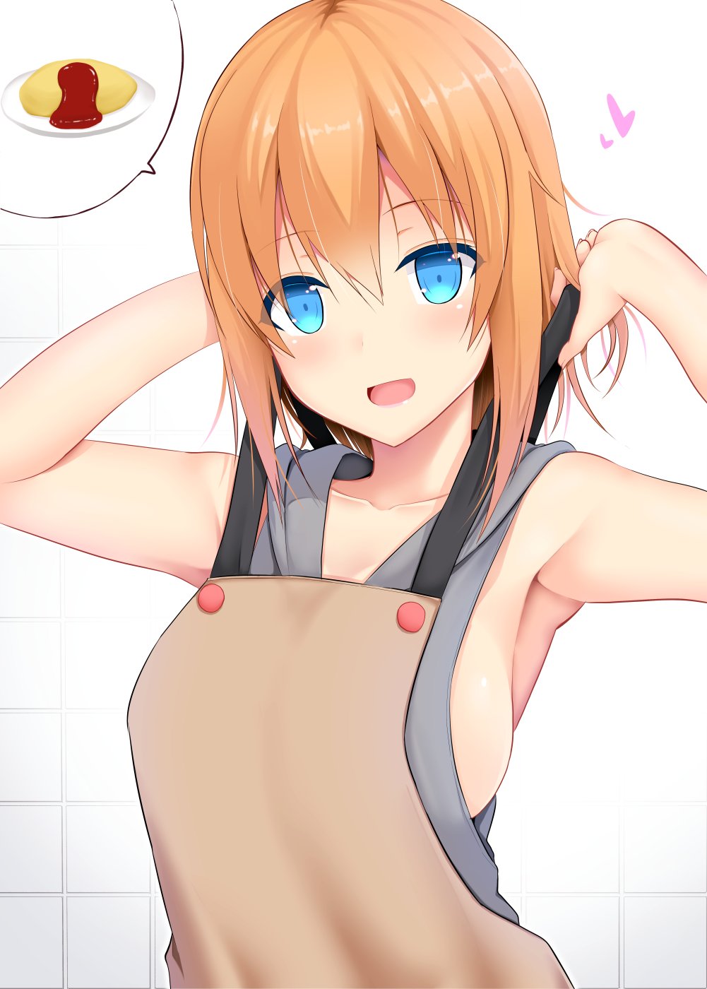 :d apron armpits blue_eyes blush breasts commentary_request food heart highres hood hoodie large_breasts omurice open_mouth orange_hair original school_uniform sideboob sleeveless sleeveless_hoodie smile solo speech_bubble spoken_food takeyuu upper_body