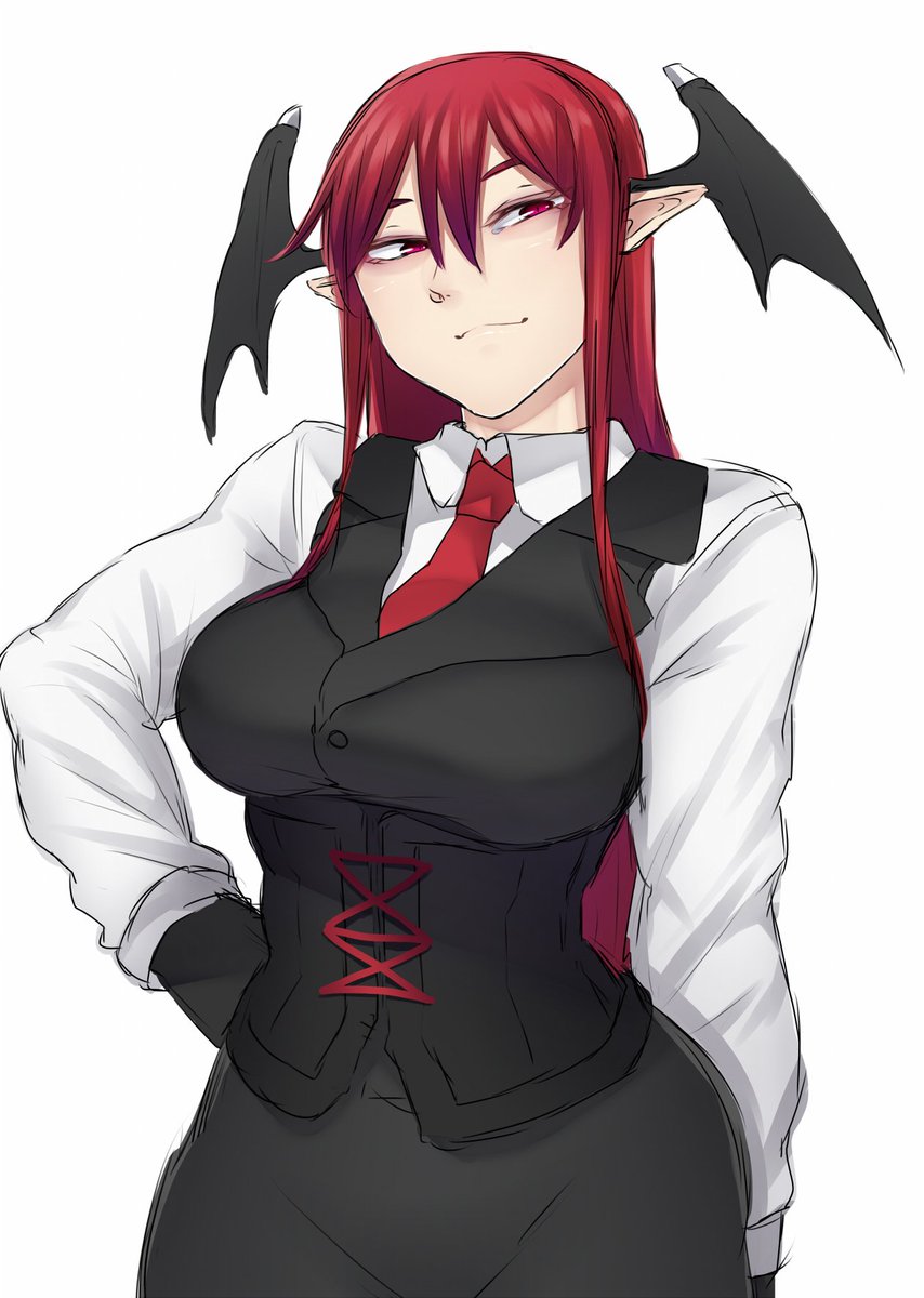 1girl black_wings breasts corset cowboy_shot hips koakuma large_breasts long_hair long_sleeves necktie ninonini pointy_ears red_eyes red_hair simple_background solo touhou upper_body vest white_background wings