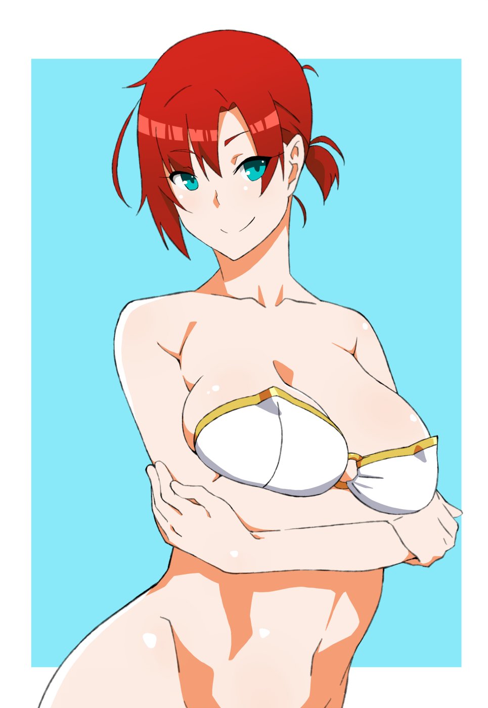 akitetsu aqua_eyes bad_id bad_twitter_id bare_shoulders blue_background bottomless boudica_(fate/grand_order) breasts cleavage commentary crossed_arms fate/grand_order fate_(series) highres large_breasts looking_at_viewer navel out-of-frame_censoring red_hair short_hair short_ponytail smile solo two-tone_background white_background