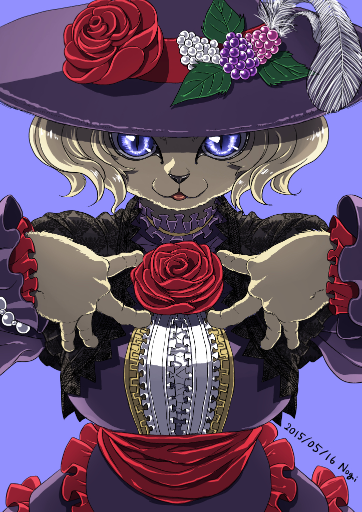 2015 :3 anthro berry big_breasts black_nose bob_cut breasts cat clothed clothing digital_media_(artwork) dress feathers feline female flower food front_view fruit fully_clothed fur hair hand_on_chest kemono lace leaf long_sleeves looking_at_viewer mammal nogi open_mouth plant purple_background purple_clothing purple_dress purple_eyes purple_hat purple_theme red_tongue rose short_hair signature simple_background slit_pupils smile solo standing tan_fur tan_hair tongue