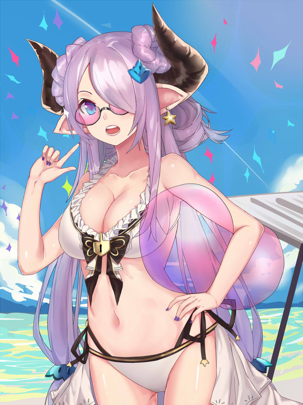 ball beachball bespectacled blue_eyes breasts cleavage collarbone double_bun earrings echj glasses granblue_fantasy hair_over_one_eye hand_on_hip highres holding holding_ball horns jewelry large_breasts long_hair looking_at_viewer nail_polish narmaya_(granblue_fantasy) open_mouth pointy_ears purple_hair purple_nails solo starfish starfish_earrings swimsuit teeth