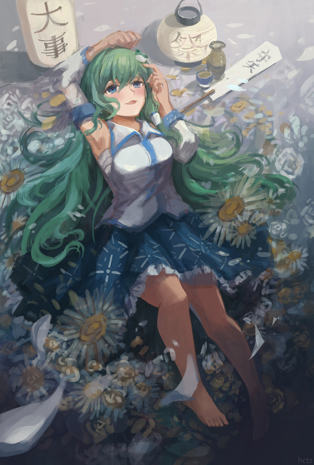 alcohol bad_id bad_pixiv_id bare_legs blouse blue_skirt bottle collared_shirt cup daisy detached_sleeves drunk flower frog_hair_ornament gohei green_eyes green_hair hair_ornament hair_tubes hanasai_usagiko highres kochiya_sanae lantern long_hair long_skirt looking_at_viewer lying nontraditional_miko open_mouth paper_lantern sake sake_bottle sarashi shirt skirt snake_hair_ornament solo touhou white_shirt wide_sleeves