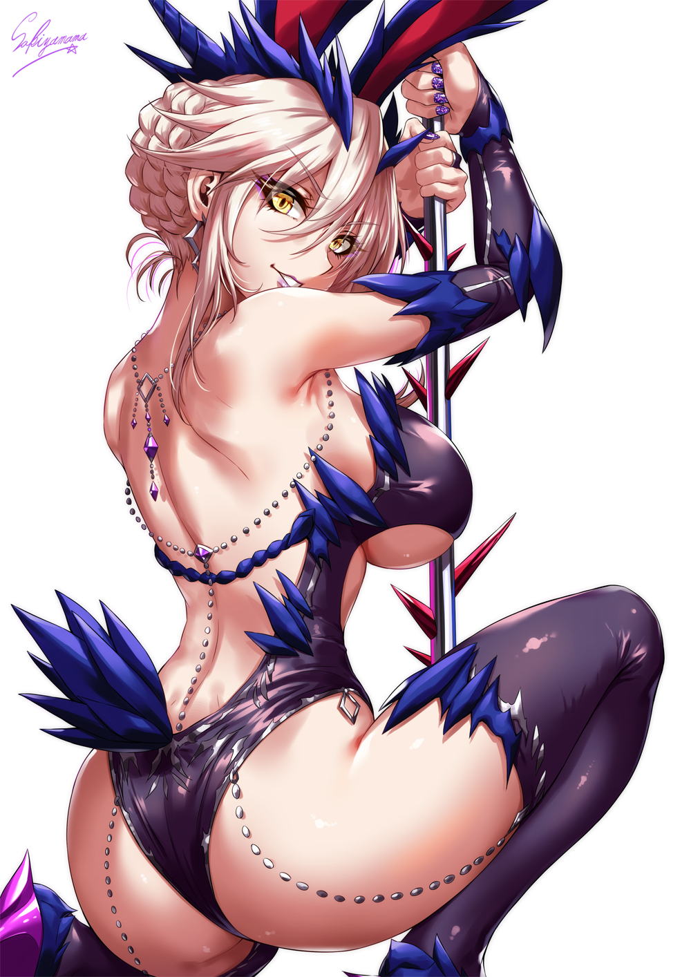1girl ahoge amethyst animal_ears artist_name artoria_pendragon_(all) artoria_pendragon_(lancer_alter) ass back backless_leotard bangs bare_back bare_shoulders blonde_hair blurry blush body_chain bokeh braid breasts bunny_ears bunnysuit center_opening commentary_request craft_essence crown_braid dark_persona depth_of_field detached_collar dimples_of_venus earrings fate/grand_order fate_(series) from_behind glint glitter grin hair_between_eyes high_heels highres holding_pole horns jewelry large_breasts leotard light_particles looking_at_viewer looking_back nail_polish one_knee pole purple_background purple_legwear purple_leotard purple_lips purple_nails sakiyamama shiny shiny_skin shoulder_blades sidelocks signature simple_background smile solo sparkle squatting tail taut_clothes thighhighs tsurime white_background wrist_cuffs yellow_eyes