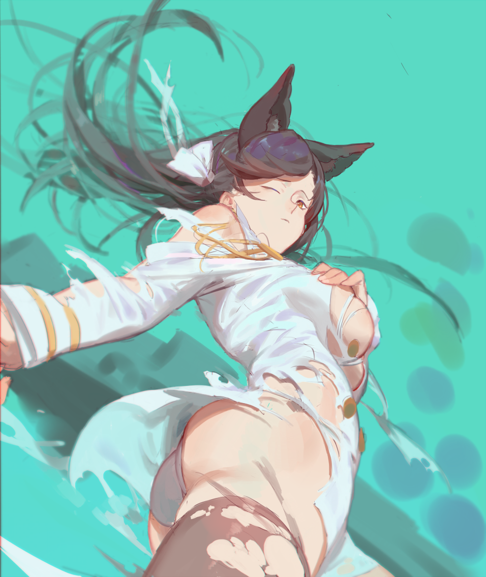 animal_ears ass atago_(azur_lane) azur_lane black_hair black_legwear breasts closed_mouth commentary_request covering covering_breasts extra_ears floating_hair fox_ears hair_ribbon large_breasts long_hair military military_uniform one_eye_closed panties red_cucumber ribbon shirt solo thighhighs torn_clothes torn_legwear torn_shirt underwear uniform white_panties white_ribbon