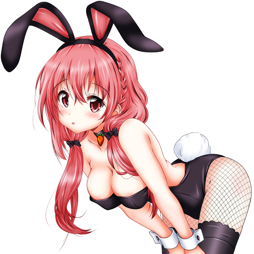 animal_ears bare_back bare_shoulders bent_over blush braid breasts bunny_ears bunny_girl bunnysuit carrot cleavage collar commentary eyebrows_visible_through_hair fishnet_pantyhose fishnets hair_between_eyes hair_ribbon hinako_note long_hair looking_at_viewer medium_breasts mikuri_ouda pantyhose pink_hair ribbon sakuragi_hinako simple_background solo thighhighs white_background wrist_cuffs