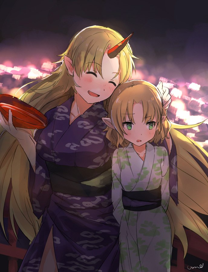 blonde_hair breasts closed_eyes commentary_request cup fang green_eyes horn hoshiguma_yuugi japanese_clothes kimono large_breasts mizuhashi_parsee multiple_girls obi open_mouth pointy_ears protected_link sakazuki sash short_hair smile star touhou ume_(plumblossom) yukata