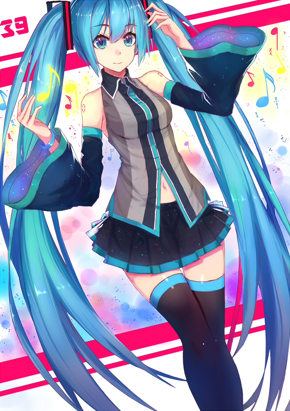 bad_id bad_pixiv_id black_legwear black_skirt blue_eyes blue_hair blue_nails blush detached_sleeves dutch_angle echj eighth_note eyebrows_visible_through_hair hatsune_miku highres long_hair long_sleeves looking_at_viewer musical_note nail_polish navel quarter_note sixteenth_note skirt smile solo thighhighs twintails vocaloid