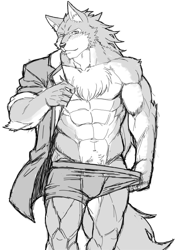 abs akuann anthro blush canine clothed clothing looking_at_viewer male mammal monochrome muscular pecs simple_background solo underwear undressing white_background wolf