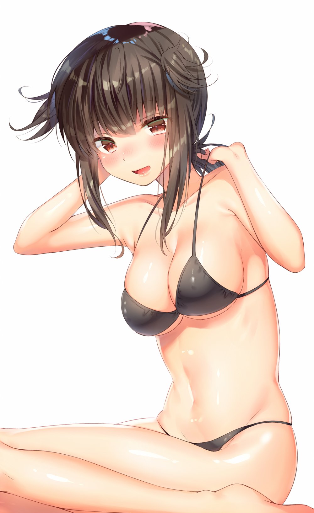 1girl alternate_breast_size bad_anatomy bangs bikini black_bikini blush breasts brown_hair collarbone covered_nipples eyebrows_visible_through_hair hair_flaps hand_behind_head hatsuzuki_(kantai_collection) highres kantai_collection kneeling large_breasts looking_at_viewer navel ntk_(7t5) open_mouth red_eyes short_hair simple_background skindentation solo strap_pull swimsuit upper_body white_background