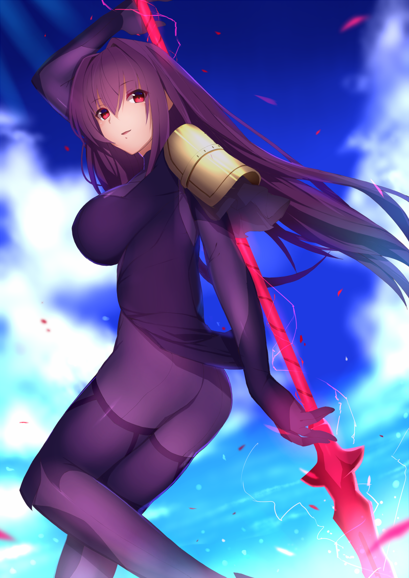 armor ass bodysuit breasts fate/grand_order fate_(series) gae_bolg large_breasts long_hair md5_mismatch open_mouth pauldrons petals polearm purple_bodysuit purple_hair red_eyes saisarisu scathach_(fate)_(all) scathach_(fate/grand_order) shoulder_armor solo spear very_long_hair weapon