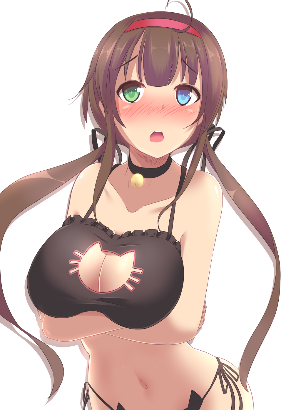 ahoge animal_ears bare_arms bare_shoulders bell bell_choker black_bra black_panties black_ribbon blue_eyes blush bra breast_hold breasts brown_hair cat_cutout cat_ear_panties cat_ears cat_lingerie choker cleavage cleavage_cutout collarbone frilled_bra frills green_eyes hair_ribbon hairband heterochromia highres jingle_bell kazu-koto large_breasts long_hair looking_at_viewer low_twintails meme_attire navel nose_blush open_mouth panties red_hairband ribbon ryoubi_(senran_kagura) senran_kagura senran_kagura_shinovi_versus side-tie_panties solo stomach twintails underwear underwear_only upper_body