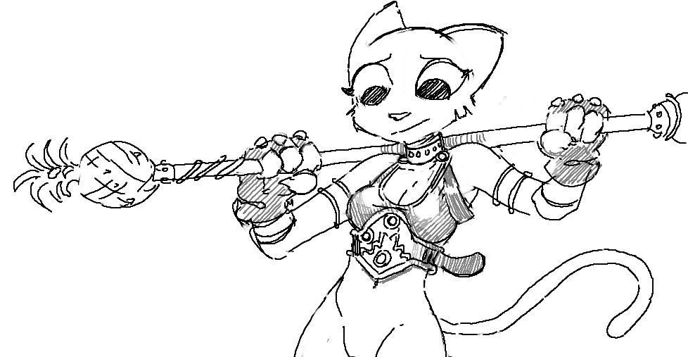 2017 akunim anthro belt bottomless breasts breath_of_fire cleavage clothed clothing cosplay digital_media_(artwork) feline female fingerless_gloves food fruit gloves katia_managan mammal pineapple pose prequel simple_background sketch solo staff the_elder_scrolls video_games white_background