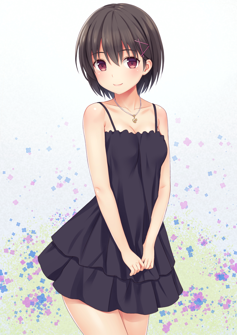 banned_artist black_dress black_hair breasts cleavage cowboy_shot dress eyebrows_visible_through_hair hair_ornament highres jewelry looking_at_viewer medium_breasts n.g. necklace original red_eyes short_hair smile solo x_hair_ornament
