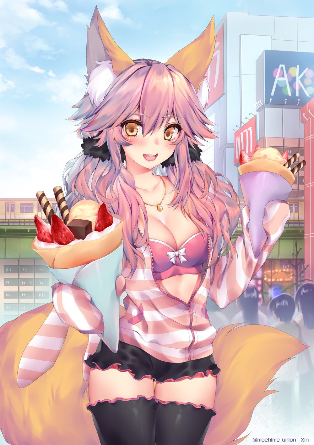 animal_ears artist_name bangs black_legwear black_shorts blush bra breasts building chocolate city cleavage cloud collarbone cowboy_shot crepe day eyebrows_visible_through_hair fate/extra fate/extra_ccc fate_(series) food fox_ears fox_tail frills fruit hair_between_eyes hair_flaps highres ice_cream jacket jewelry large_breasts long_hair long_sleeves looking_at_viewer necklace obiwan open_clothes open_jacket open_mouth orange_eyes outdoors pink_hair pink_jacket short_shorts shorts sky solo_focus strawberry striped striped_jacket tail tamamo_(fate)_(all) tamamo_no_mae_(fate) thighhighs thighs twitter_username underwear wafer_stick white_bra