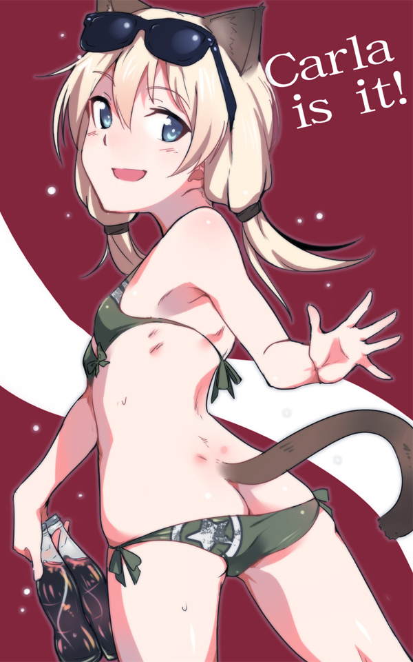 animal_ears ass back bare_shoulders bikini blonde_hair blue_eyes blush carla_j_luksic cat_ears cat_tail cola commentary_request cowboy_shot em eyewear_on_head looking_at_viewer low_twintails noble_witches side-tie_bikini smile solo sunglasses swimsuit tail twintails world_witches_series