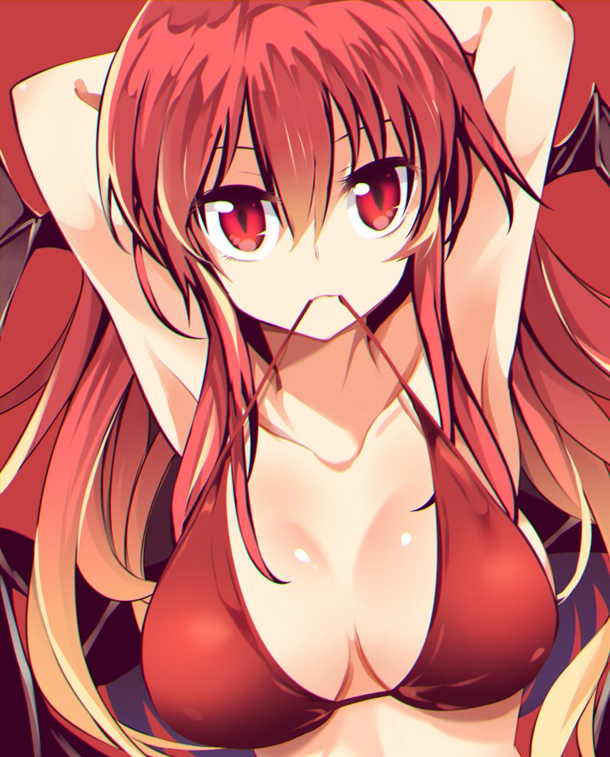 armpits arms_up bikini breasts cleavage collarbone commentary_request hair_between_eyes head_wings koakuma large_breasts long_hair looking_at_viewer maturiuta_sorato mouth_hold red red_background red_bikini red_eyes red_hair simple_background solo string_bikini swimsuit touhou upper_body very_long_hair wings