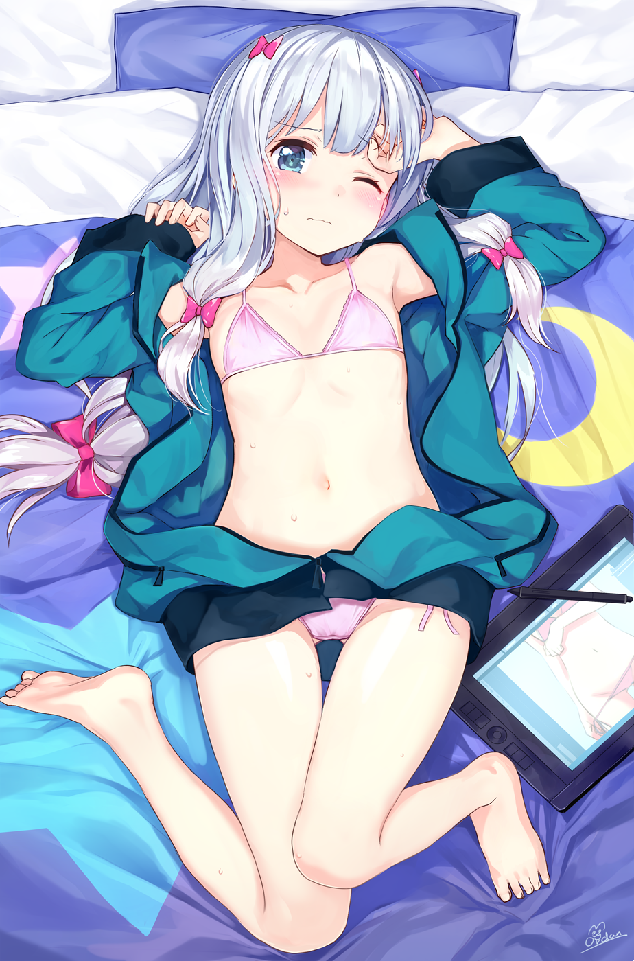 amagai_tarou arm_up bangs bare_legs barefoot bikini blue_eyes blush bow closed_mouth collarbone commentary drawing_tablet eromanga_sensei eyebrows_visible_through_hair flat_chest hair_bow hand_up highres izumi_sagiri jacket long_hair looking_at_viewer low-tied_long_hair lying on_back on_bed one_eye_closed open_clothes open_jacket pink_bikini purple_bow soles solo stylus sweatdrop swimsuit tablet tareme thighs unzipped wavy_mouth